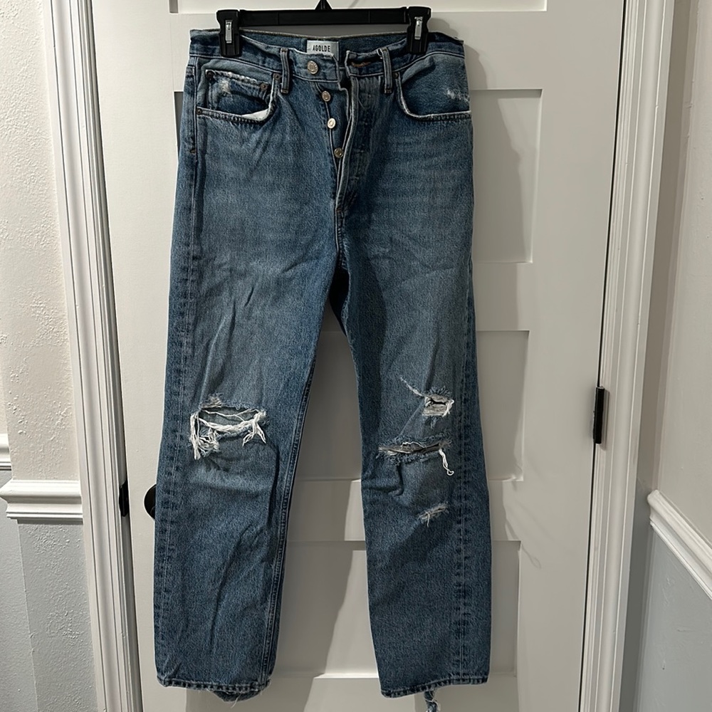 AgoldE 90s Mid Rise Loose Denim Jeans Distressed in Streamline